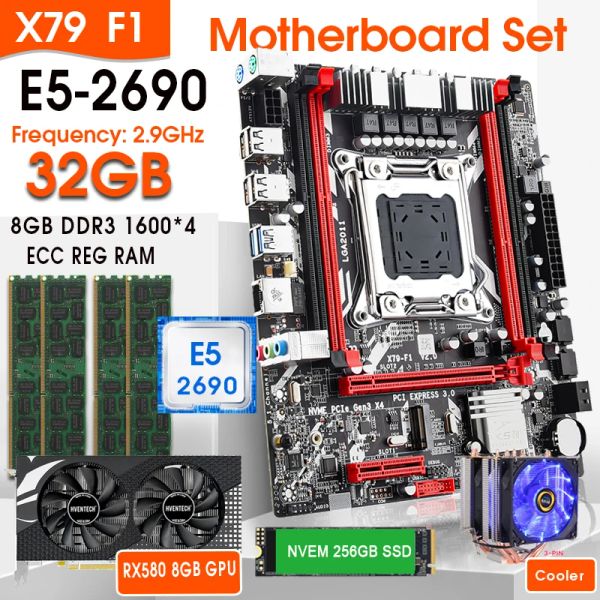 Boards mères x79f1 3.0 ensemble de cartes mère E5 2690 CPU 4x 8 Go = 32 Go 1600MHz DDR3 ECC REC Kit RX580 8GB GPU et 256 Go NVME M.2 SSD CHARGER