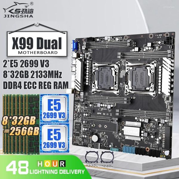 Cartes mères X99 double carte mère avec 2 E5 2699 V3 et 8 32 Go 256 Go DDR4 ECC REG 2133 MHz RAM Support Intel LGA 2011-3 / V4 Kit CPU