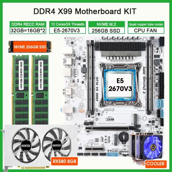 Cartes mères x99 Kit LGA20113 Kit Intel Xeon E5 2670 V3 CPU 32GB (2 * 16G) 2133MHz DDR4 RAM 256 Go NVME M2 SSD GPU RX 580 8GB CPU CHELER CHEC