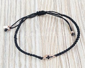 Bracelet motif croix en vermeil or rose avec spinelles et cordon noir Bracelets authentiques en argent sterling 925 pour ours européen J6151582