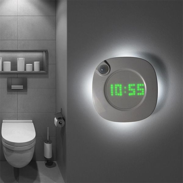Capteur de mouvement LED lumière nuit horloge chambre aimant numérique mur salle de bain montre gravité lampe pour 220115
