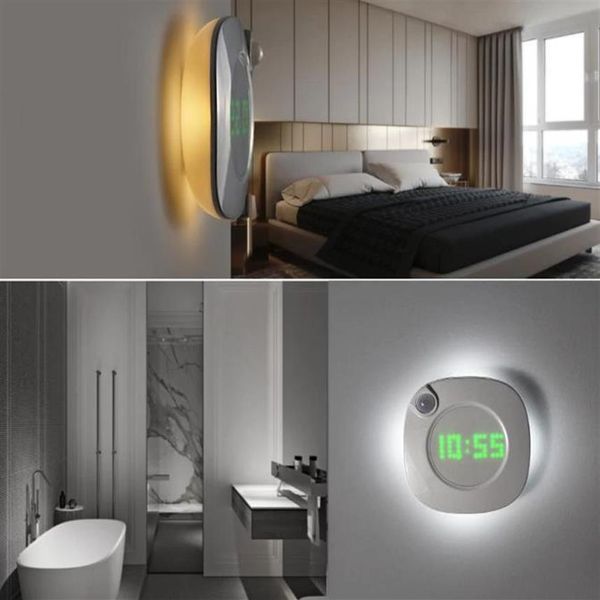 Lampe murale LED avec détecteur de mouvement, veilleuse d'intérieur avec horloge, pour salle de bain, chambre à coucher, couloir, décoration de vanité, 231T