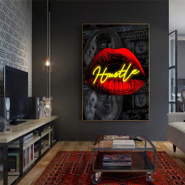 Art motivationnel Red Lips Dollars Money Hustle Toile PEINTURE IMPRESSIONS APPIRES