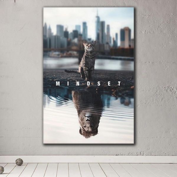 MOTIFATIONNET CITATION Affiche Inspirational Wall Art Mindset est tout ce que le chat a changé en un lion toile peinture murale pour le décor de bureau de bureau