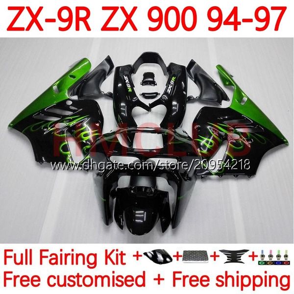 Carrosserie MOTO Pour KAWASAKI NINJA ZX 9R 9 R 900 CC ZX9 R ZX900C 94-97 Corps 23No.3 ZX900 900CC ZX-9R ZX9R 94 95 96 97 ZX-900 1994 1995 1996 1997 Kit de carénage OEM flammes vertes