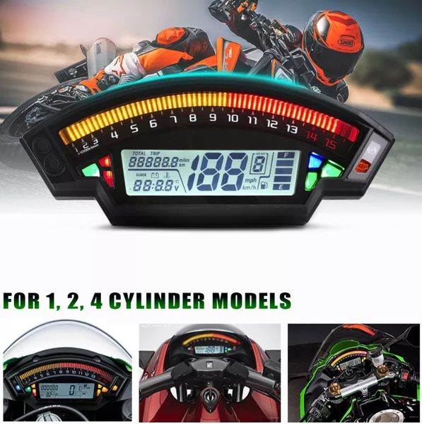 : Moto 15000RPM Compte-tours pour 1 2 4 cylindres Moteur 199km/h Compteur de vitesse LCD Tableau de bord numérique Compteur kilométrique 6 vitesses Horloge 24H