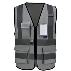 Motorfietskleding A-Veiligheid Hoge zichtbaarheid Reflecterend Vest met zakken en rits HI Viz Work for Men Women (Gray XXL)