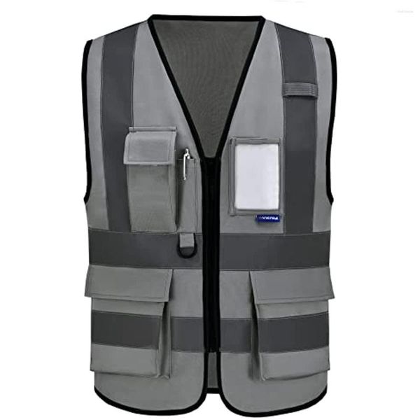 Vêtements de moto A-SAFETY Gilet réfléchissant de sécurité haute visibilité avec poches et fermeture éclair Hi Viz Work pour homme femme (Gris XXL)