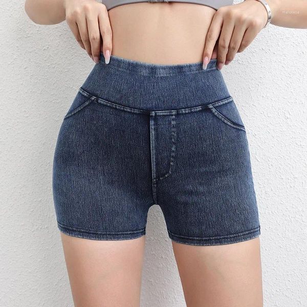 Ropa de motocicleta Pantalones cortos de yoga deportivos de mezclilla para mujeres con ajuste ajustado Nalgas de cintura alta y pantalón de fitness melocotón