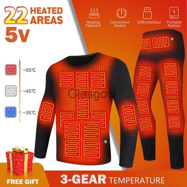 Vêtements de moto sous-vêtements thermiques chauffants ensembles ski veste chauffante USB électrique hommes hiver chaud chauffage vêtements polaire automne haut pantalon x0803