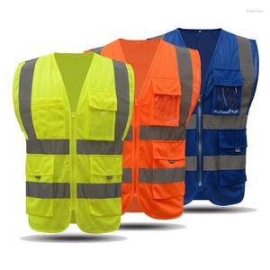 Chaleco de seguridad amarillo fluorescente de alta visibilidad para motocicleta con bolsillos reflectantes de construcción de logotipo personalizado y cremallera para ropa de trabajo de hombre