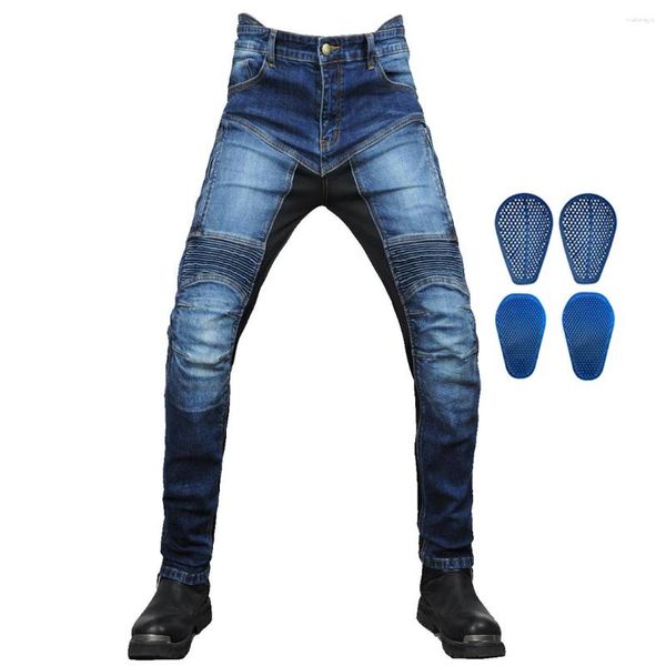 Ropa de motocicleta Reforzar aramida Hombres Pantalones de montar Motocross Racing Ciclismo Hockey Biker Jeans con 4 x almohadillas de panal de silicona