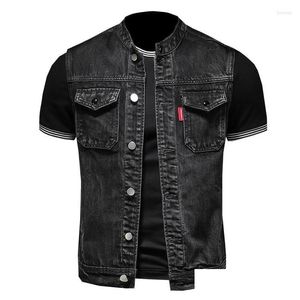 Ropa de motocicleta Retro Jean Chaqueta para hombre Chaleco de mezclilla Abrigos Slim Black Stand Collar Sin mangas Estilo Chaleco Abrigo Cowboy Rop Entrega OT0KN