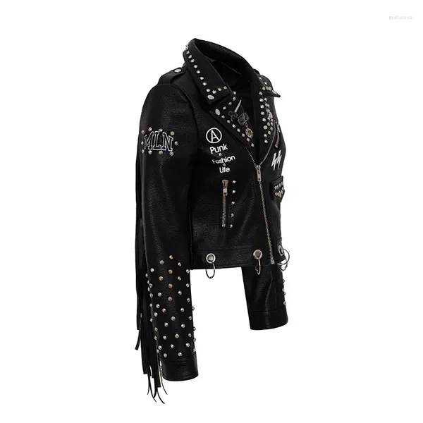 Ropa de motocicleta Chaqueta de cuero para mujer Material de PU Remache corto Decoración Borlas Abrigo de motociclista para mujer