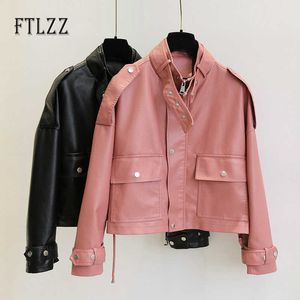 Chaqueta de motociclista para mujer, abrigo de cuero Punk callejero coreano para mujer, chaqueta de cuero rosa con cremallera de bolsillo grande para mujer, prendas de vestir de Pvc 210909