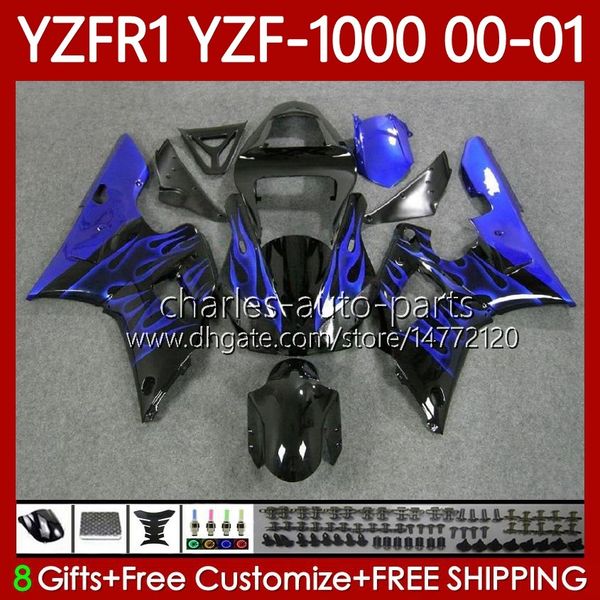 Corps de moto pour Yamaha YZF-1000 YZF R 1 1000 CC YZF-R1 00-03 Corps de flammes bleues 83No.19 YZF R1 1000CC YZFR1 00 01 02 03 YZF1000 2000 2001 2002 2003 Kit de carénage OEM