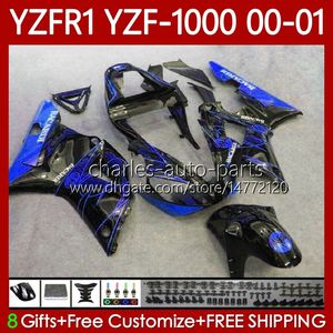 Carrosserie de moto pour YAMAHA YZF-R1 YZF1000 YZF R 1 1000 CC 00-03 Bodys 83No.60 YZF R1 1000CC 2000 2001 2002 2003 YZF-1000 YZFR1 00 01 02 03 Bleu Noir Kit de carénage OEM