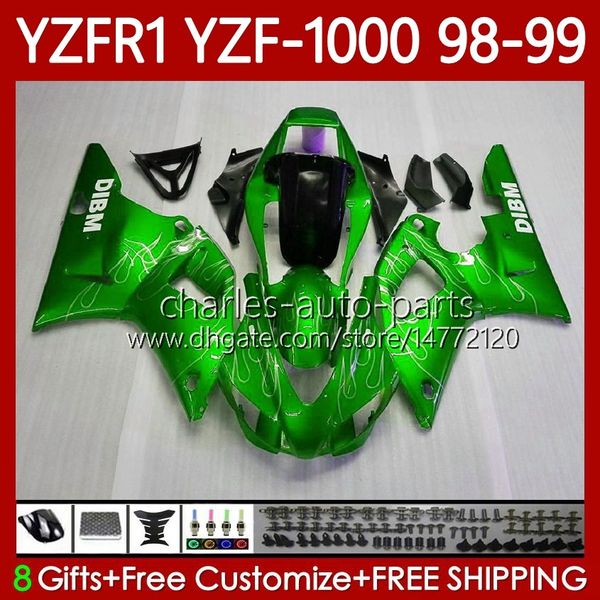 Carrocería de motocicleta para YAMAHA YZF-R1 YZF1000 YZF R 1 1000 CC 98-01 Greenflames Bodys 82No.64 YZF R1 1000CC 1998 1999 2000 2001 YZF-1000 YZFR1 98 99 00 01 Kit de carenado OEM