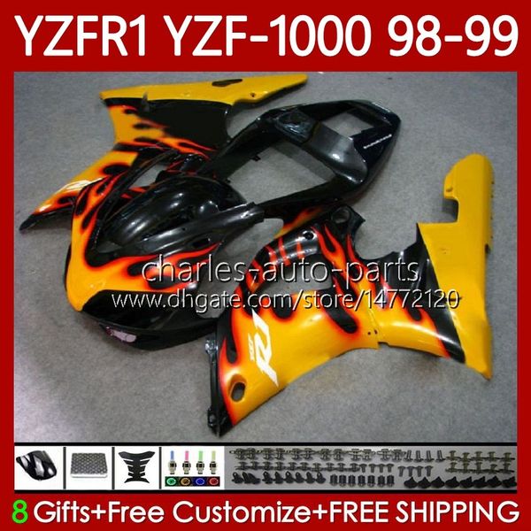 Carrosserie de moto pour Yamaha YZF-R1 YZF1000 YZF R 1 1000 CC 98-01 Bodys 82NO.61 YZF R1 1000CC 1998 1999 2000 2001 YZF-1000 YZFR1 Jaune Noir 98 99 00 01 Kit de carénage OEM