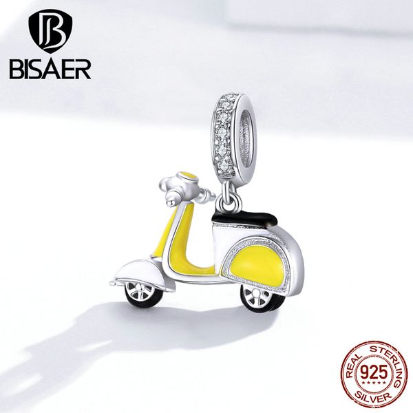 Encantos de la motocicleta BISAER 925 plata esterlina esmalte amarillo retro scooter bicicleta cuentas ajuste pulseras brazalete joyería DIY EFC136 Q0531