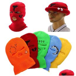 Motor Gezichtsmasker Maskers Borduren Gebreide Cap Cartoon Winddicht Warme Muts Hoofd Caps 3 Gat Fl Knit Ski Voor motorfietsen Motor Drop Dhvl2