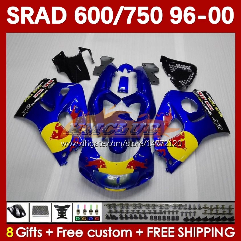 Carénages de moto pour SUZUKI SRAD GSXR 750 600 CC 600CC 750CC 96-00 168No.5 GSXR750 GSXR-600 96 97 98 99 00 GSX-R750 GSXR600 1996 1997 1998 1999 2000 Corps jaune bleu