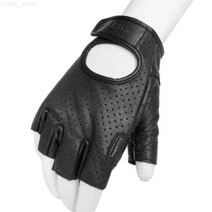 Guantes de motocicleta Guantes de motocicleta medio dedo guante sin dedos cuero genuino verano hombres Scooter Moto Mitten bicicleta eléctrica carreras ciclismoL2312.14