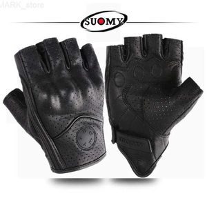Gants de moto été demi doigt gants de moto rétro en cuir noir perforé moto Motocross gants sans doigts hommes femmes gant d'équitationL2312.14