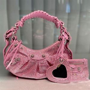 Sac à main de moto Sac à bandoulière en strass 5A Sacs à bandoulière de qualité en cuir véritable en forme de coeur Miroir Pendentif Fermeture à glissière Wo278I