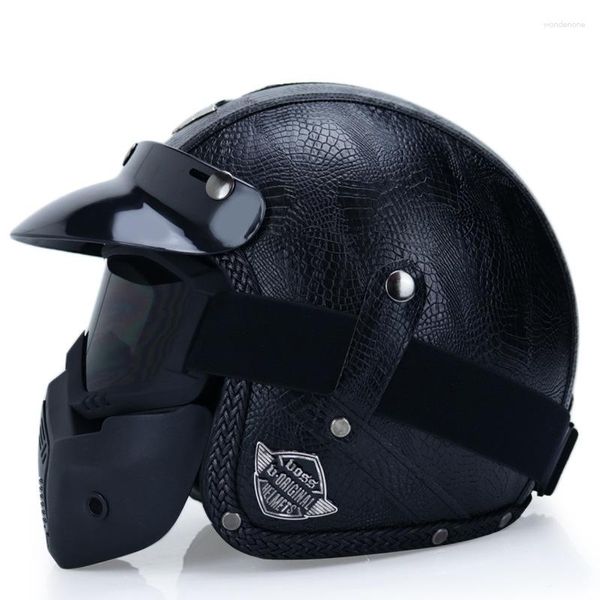 Casques de moto/4 casque ouvert en cuir PU casque de moto Vintage Chopper motard pilote Motocross pour hommes femmes