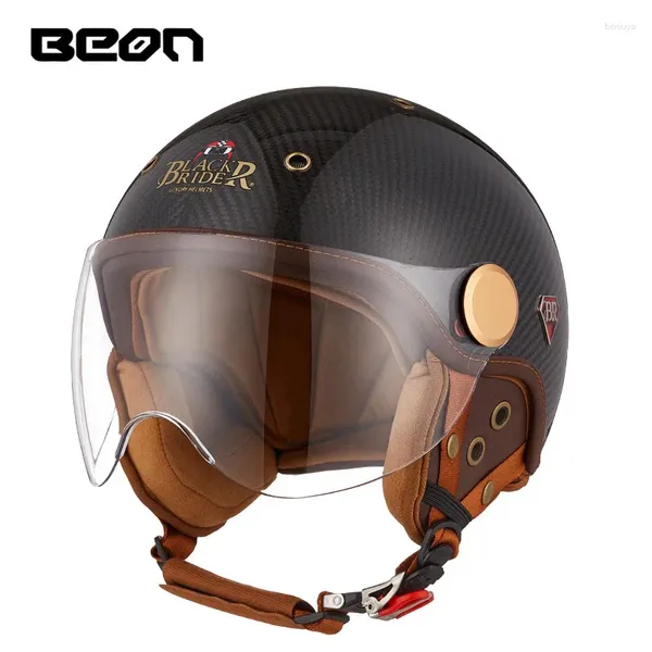 Casques de moto Beon Carbon Fibre Casque Electric Vehicle Mens and Women's Moins toutes saisons Universal Retro