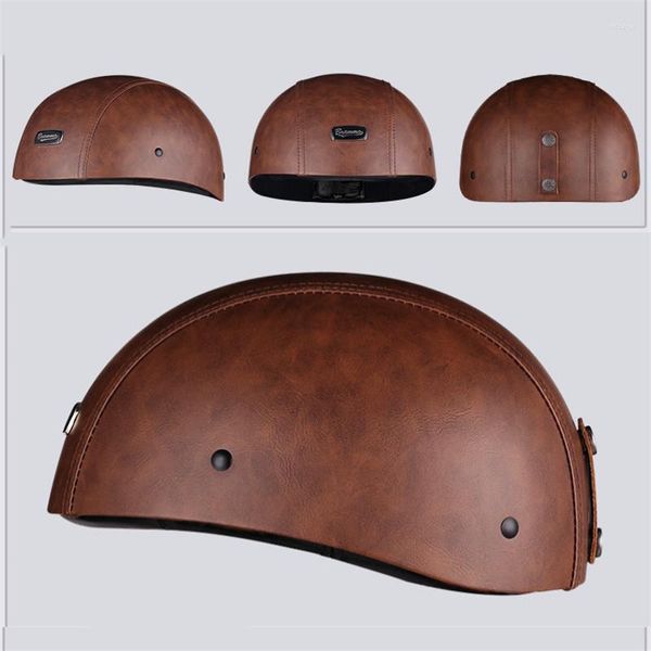 Casques de moto Brown PU Cuir Demi-Visage Casque Moto Électrique Sécurité Moto Casque Casco Pour Femmes/Hommes Enlevé Foulard