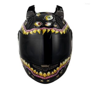 Casques de moto Casque intégral Cornes d'animaux pour femmes Haute qualité Vintage Grands yeux Noir Hommes