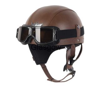 Casques de moto demi-visage casque de moto en cuir Vintage Casco Moto moto visage ouvert rétro demi-casque Chopper Biker pilote DOT x0802