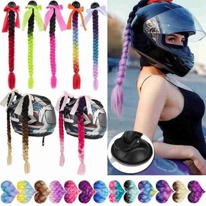 Motorhelmen Helm Vlechten Gradiënt Vrouwen Pruik Voor Motor Meerkleurige Twist Dubbele Pigtail Paardenstaart Met Zuignap