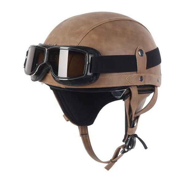 Casques De Moto Casque En Cuir Vintage Casco Moto Open Face Rétro Half Chopper Biker Pilot Dot Drop Delivery Mobiles Motos Dhtpn