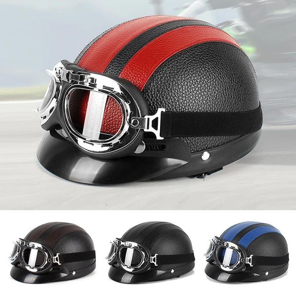 Casques de moto Casque Hommes et Femmes Classic Cuir Vintage Open Face Demi Moteur Scooter Lunettes électriques