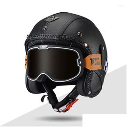 Casques de moto Keaz Cuir Open Face Casque avec Halley Glass 3/4 Demi-Jet pour hommes Cruiser Chopper Cyclomoteur Scooter Drop Livraison AU Otkrw