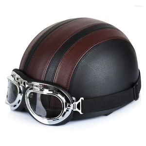 Casques de moto en cuir rétro casque avec lunettes crash cap mode demi moto casco de moto accessoires