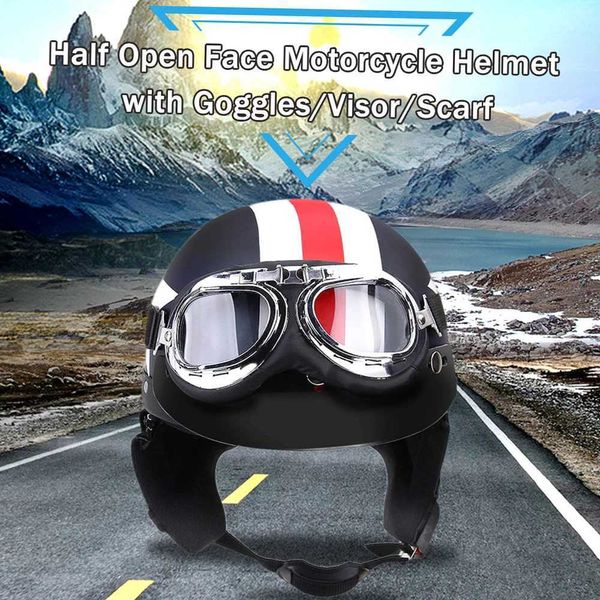 Cascos de motocicleta Casco de cara abierta para motocicleta con gafas, visera, bufanda, protector de cabeza para motociclista, casco clásico con patrón de estrellas y rayas L240105