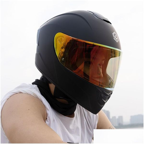 Casques de moto Certification nationale standard 3C avec double lentilles pour hommes et femmes Bluetooth Fl Four Seasons Racing Personaliz Dhm0S