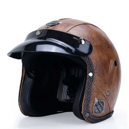 Motorhelmen Open Gezicht 34 Motorhelm DOT goedgekeurd PU Leer Motorhelm half gezicht Retro Moto Bike Motocross Helmen x0731