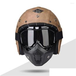 Motorhelmen Pu-leer open gezicht voor Dot Appd Dames en heren Cruise-scooterhelm met brilmasker SML Xl Xxl Drop Delivery Dhehl