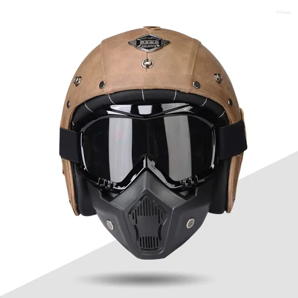 Casques de moto en cuir PU visage ouvert pour femmes et hommes approuvés par Dot casque de scooter de croisière avec masque de lunettes S M L XL XXL