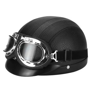 Casques de moto casque rétro en cuir PU avec lunettes pare-soleil hommes et femmes équitation de protection pour garder au chaud
