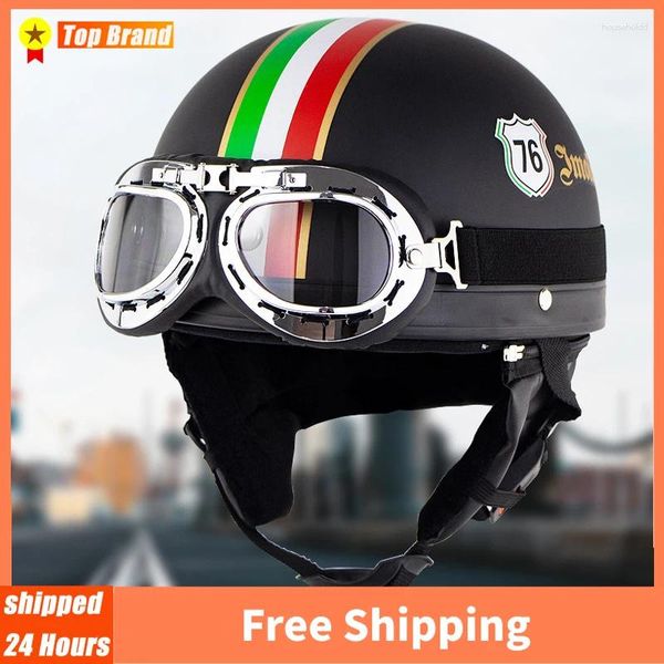 Cascos de motocicleta Retro Medio casco Montar Vintage Cruiser Touring Moto Scooter Vespa Cara abierta con visera y gafas