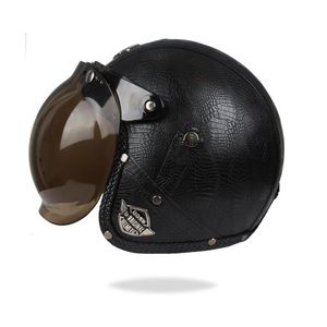 Cascos de moto Casco retro Cuero Cara abierta Capacete Para Motocicleta Cascos Racing Vintage Con Bubble Len