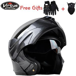 Casques de moto Ventes Coffre-fort en fibre de carbone Moto Racing Flip Up Casque Intégral Double Lentilles DOT