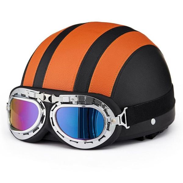 Cascos de motocicleta Scooter cara abierta medio casco de cuero con visera UV gafas estilo Retro Vintage 55-60cm