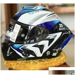 Casques de moto Shoei X14 Casque X-Fourteen R1 60ème anniversaire Edition Blanc Bleu FL Face Racing Casco de Motocicle Drop Livraison DHXBU